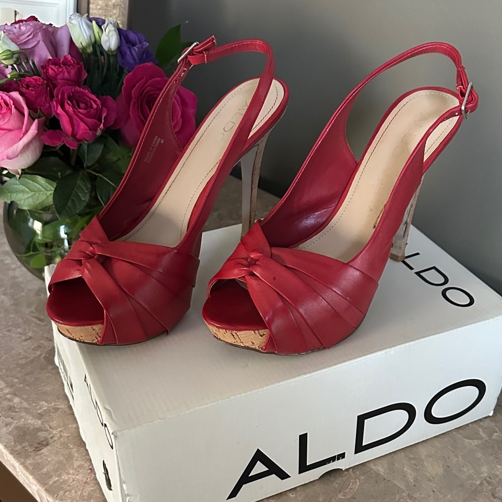 Aldo Red Peep-Toe Slingback Heels